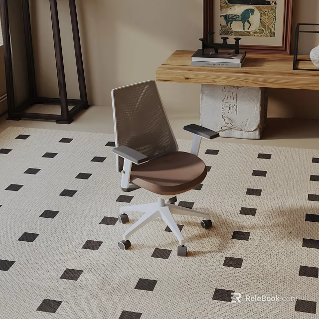 Modern Leisure Chair With Mesh Back Brown Seat Armrests Wheels Near Wooden Table On Rug 3d model 