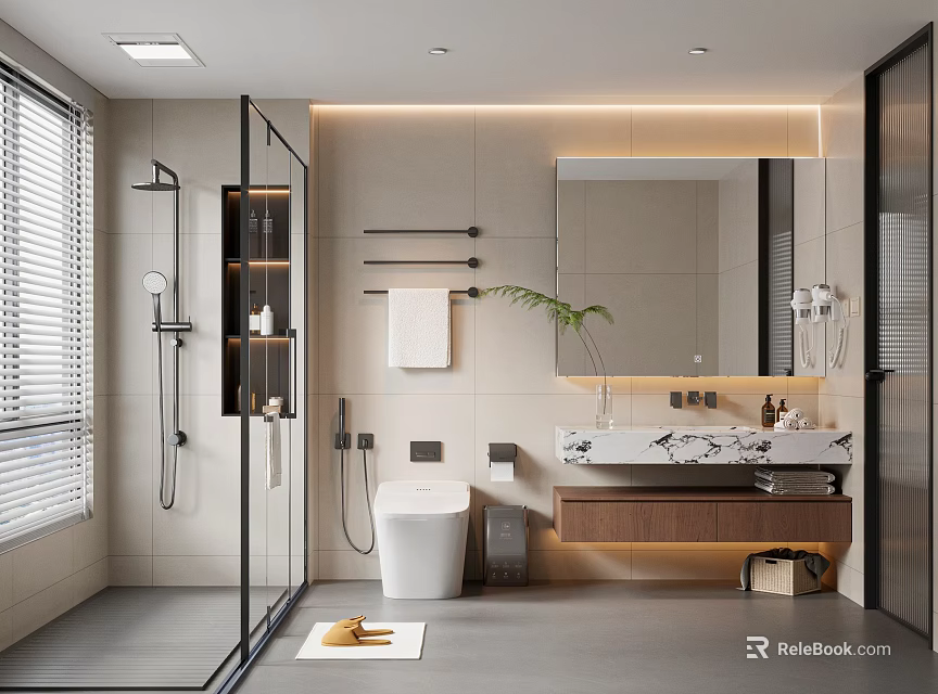 Modern Bathroom Design With Glass Shower Smart Toilet Marble Sink Large Mirror And Wooden Cabinet 3d model 