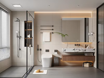 Modern Bathroom Design With Glass Shower Smart Toilet Marble Sink Large Mirror And Wooden Cabinet 3d model