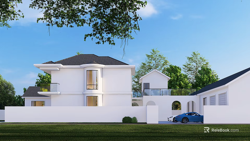 Two Story Detached Villa With White Exterior Black Roof Green Trees And Blue Car 3d model 
