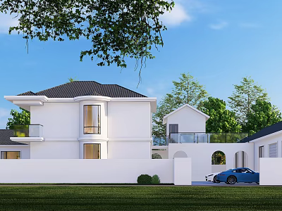 Two Story Detached Villa With White Exterior Black Roof Green Trees And Blue Car 3d model