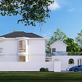 Two Story Detached Villa With White Exterior Black Roof Green Trees And Blue Car