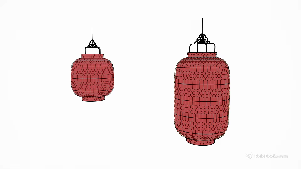Traditional Red Chinese Decorative Lanterns With Grid Pattern Hanging In Two Different Sizes 3d model 