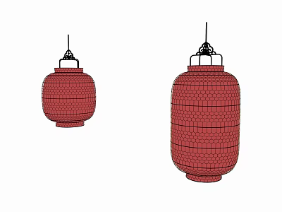 Traditional Red Chinese Decorative Lanterns With Grid Pattern Hanging In Two Different Sizes 3d model