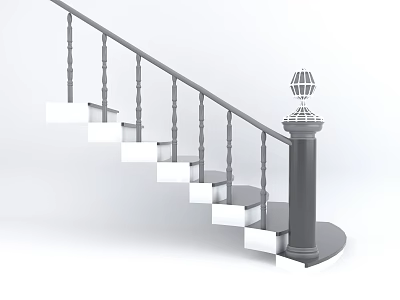 Modern Staircase With White Steps Gray Handrail And Decorative Lamp Post 3d model