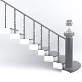 Modern Staircase With White Steps Gray Handrail And Decorative Lamp Post 3d model