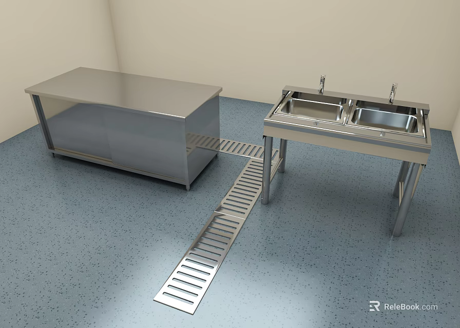 Stainless Steel Functional Tables With Workbench Double Sink And Drainage Channel 3d model