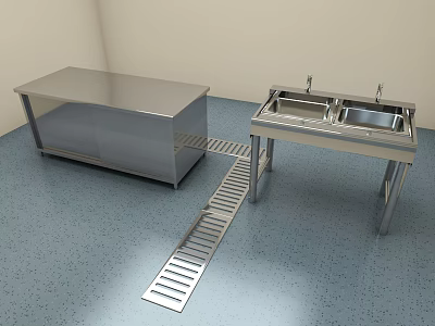 Stainless Steel Functional Tables With Workbench Double Sink And Drainage Channel 3d model
