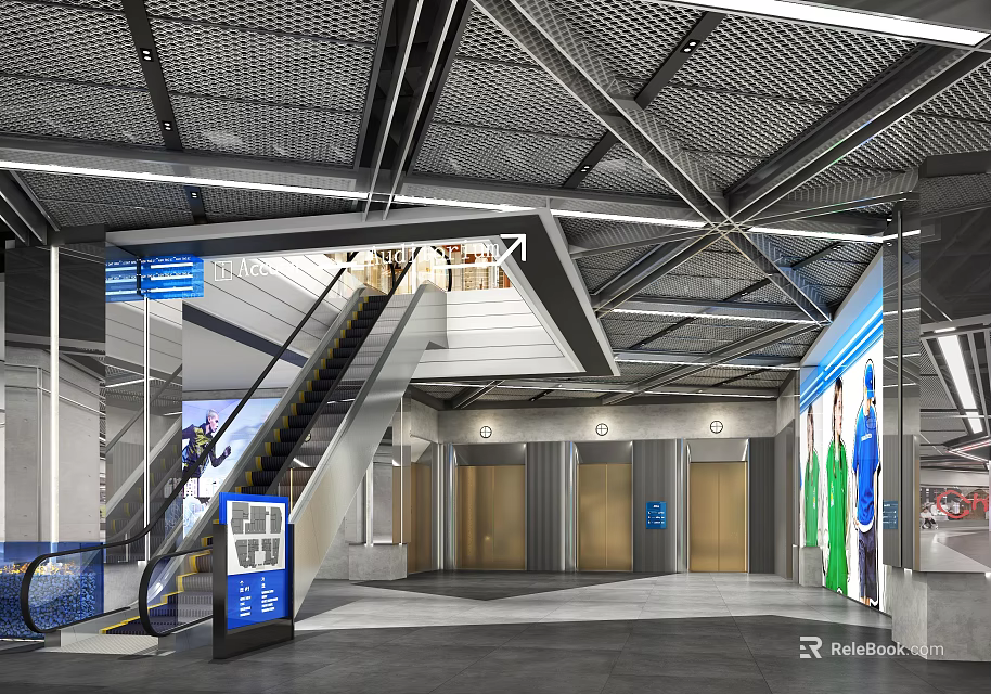 Modern Shopping Mall Lobby Interior With Escalator Staircase Elevators And Blue Signage 3d model 