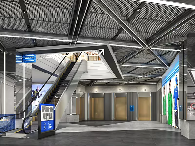 Modern Shopping Mall Lobby Interior With Escalator Staircase Elevators And Blue Signage 3d model