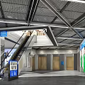 Modern Shopping Mall Lobby Interior With Escalator Staircase Elevators And Blue Signage