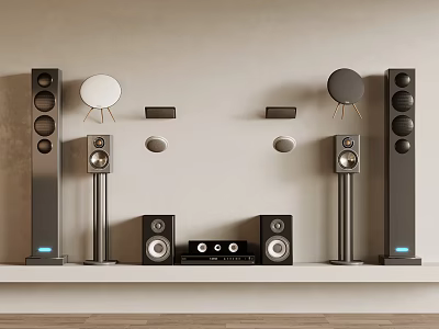 Various Types of Audio Speakers Arranged on White Shelf with Light Wall Background 3d model