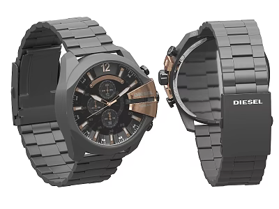 DIESEL Stylish Watch With Gray Strap Black Dial And Gold Accents 3d model