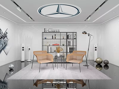 Stylish Interior With E-Class Logo White Walls Beige Chairs Black Metal Shelf And Floor Lamp 3d model