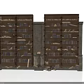 Vintage Tall Brown Bookshelves Filled With Books And Some Fallen On Floor