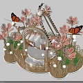 Colorful Playground Equipment With Butterflies Flowers Arch Structure Green Plants And Decorative Fence