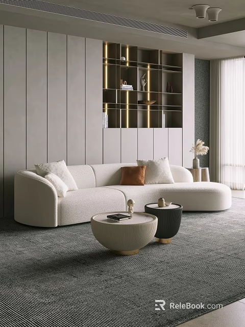 White L shaped Sectional Sofa with White Brown Pillows and Two Round Coffee Tables 3d model 