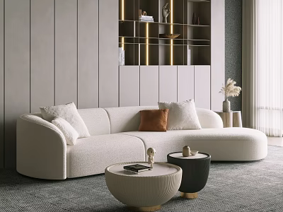 White L shaped Sectional Sofa with White Brown Pillows and Two Round Coffee Tables 3d model