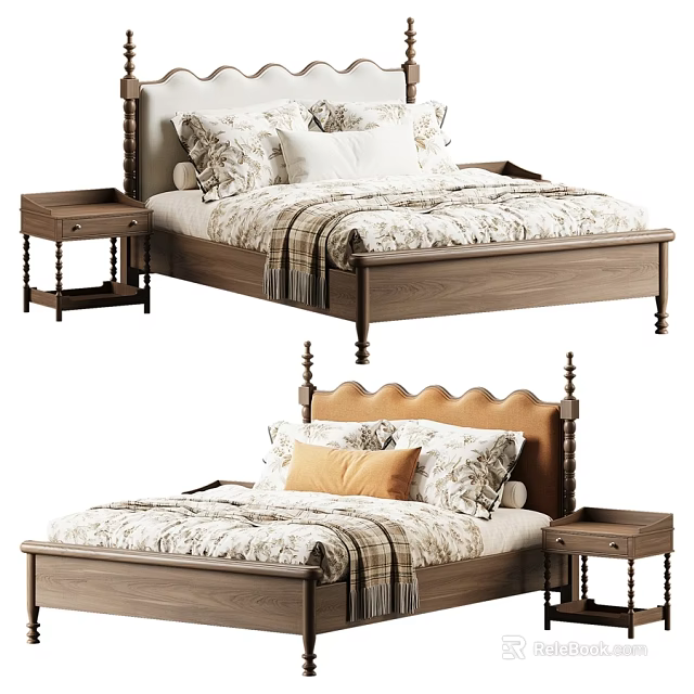 American Retro Solid Wood Double Bed With Upholstered Headboard And Matching Wooden Bedside Tables 3d model 