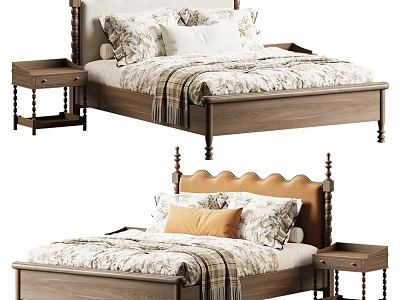 American Retro Solid Wood Double Bed With Upholstered Headboard And Matching Wooden Bedside Tables 3d model