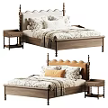American Retro Solid Wood Double Bed With Upholstered Headboard And Matching Wooden Bedside Tables