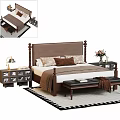Double Bed With Brown Headboard Bed Posts Pillows Blanket Nightstands Table Lamp And Bench 3d model