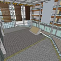Front Reception Desk in Modern Lobby with Central Staircase Glass Ceiling and Yellow Accents