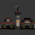 Cartoon Scenery With Multi Tower Building Red Roof Helipad Satellite Dish And Vehicles