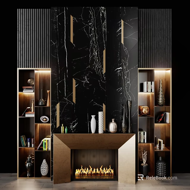 Modern Fireplace With Black Marble Backdrop Gold Accents And Side Display Shelves 3d model 