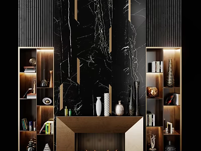 Modern Fireplace With Black Marble Backdrop Gold Accents And Side Display Shelves 3d model