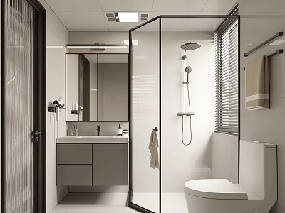 Modern Bathroom Interior With Glass Shower Enclosure Toilet Vanity Mirror And Blinds 3d model