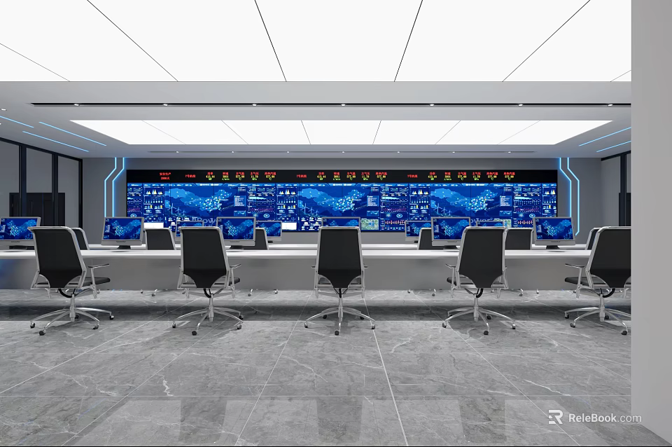 Modern Control Room Interior With Multiple Large Monitoring Screens Control Consoles And Office Chairs 3d model 