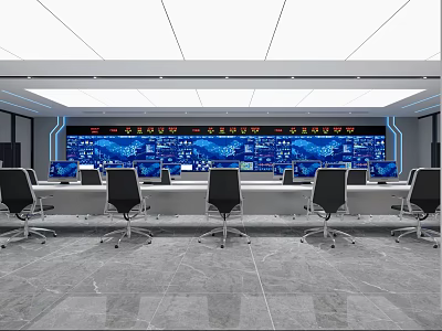 Modern Control Room Interior With Multiple Large Monitoring Screens Control Consoles And Office Chairs 3d model