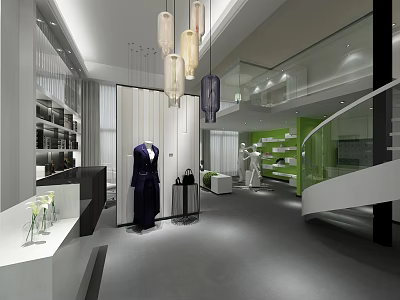 Modern Public Office Space With Open Layout Pendant Lights Glass Partitions And Display Areas 3d model