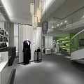 Modern Public Office Space With Open Layout Pendant Lights Glass Partitions And Display Areas