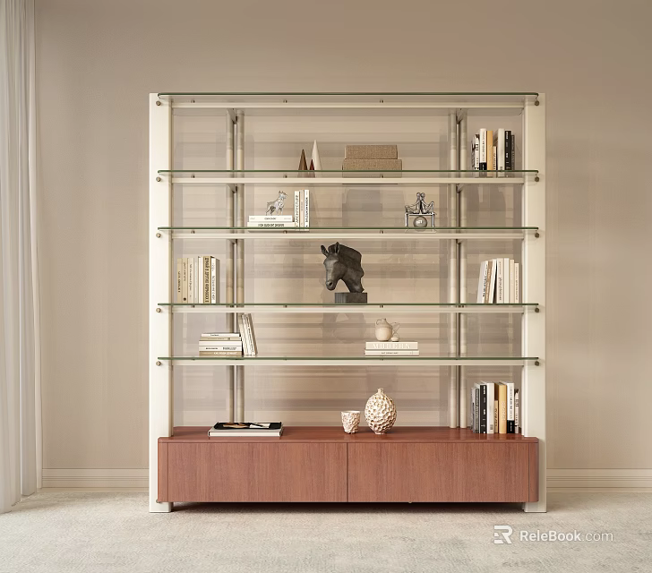 Modern Bookshelf With Glass Shelves Wooden Base And Decorative Books Sculptures 3d model 