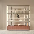 Modern Bookshelf With Glass Shelves Wooden Base And Decorative Books Sculptures