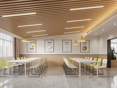 Modern Dining Space With Wooden Ceiling Pendant Lights White Tables Green Chairs 3d model