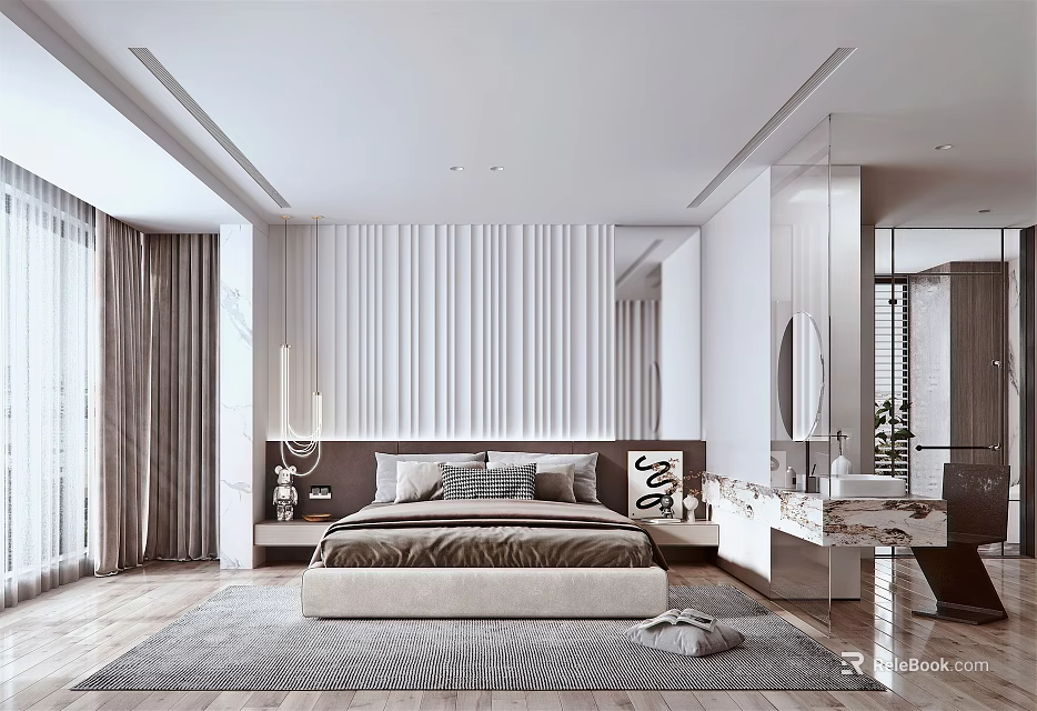 Modern Bedroom Interior With Striped Headboard Wall Bed Rug Nightstands Dresser And Curtains 3d model 