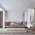 Modern Bedroom Interior With Striped Headboard Wall Bed Rug Nightstands Dresser And Curtains