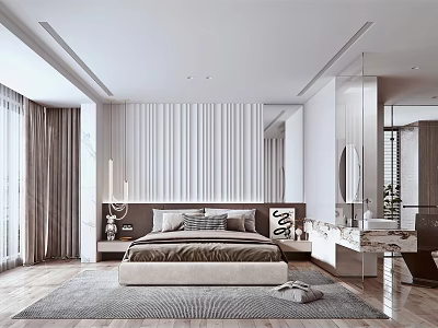 Modern Bedroom Interior With Striped Headboard Wall Bed Rug Nightstands Dresser And Curtains 3d model