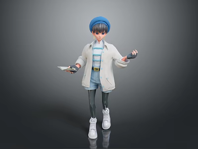 3D Model Character Wearing Blue Hat White Coat And Striped Shirt Holding Tablet Device 3d model