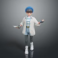 3D Model Character Wearing Blue Hat White Coat And Striped Shirt Holding Tablet Device