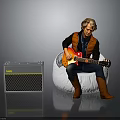 Man Playing Red Electric Guitar On Bean Bag Chair With Gray Amplifier
