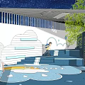 Colorful Children's Playground Design With Clouds Rainbow Trees And Blue Ground