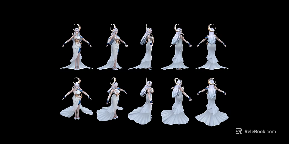 Game and Movie Female Character with White Long Dress Golden Headdress Cape and Multiple Angles 3d model 