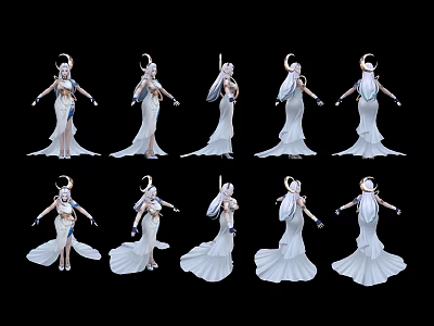 Game and Movie Female Character with White Long Dress Golden Headdress Cape and Multiple Angles 3d model