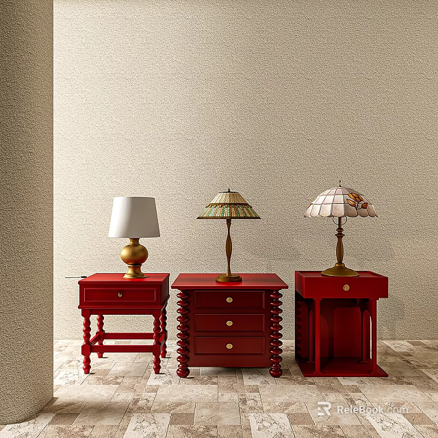 Red Bedside Tables With Stylish Table Lamps And Unique Designs 3d model