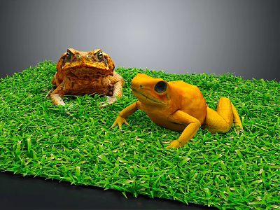 Two Frogs Of Different Colors Brown And Yellow Sitting On Green Grass 3d model