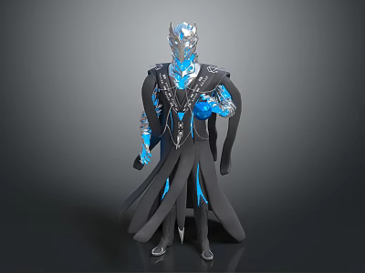 Mystical Humanoid Character Creature With Blue Glowing Ornamental Armor And Flowing Cloak 3d model